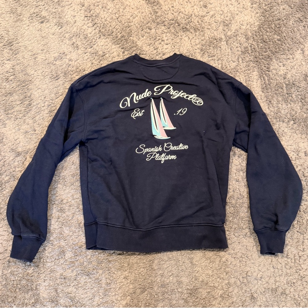 NUDE PROJECT NAVY EMBROIDERED SAILBOAT CREWNECK SIZE MEDIUM